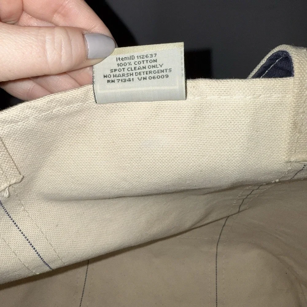 LL Bean Boat Tote Bag USA Canvas Navy Blue Open Top Embroidered Large LDK